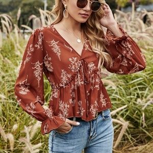 boho v neck front tie babydoll floral print top